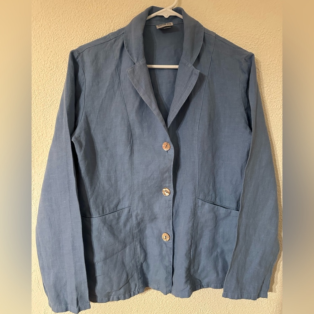 Two Star Dog Shacket Women Blue 100% Linen Lagenlook Mother Of Pearl Buttons XS.